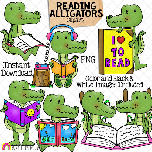Alligator ClipArt - Alligators Reading Books Graphics - School- Commercial Use PNG Sublimation