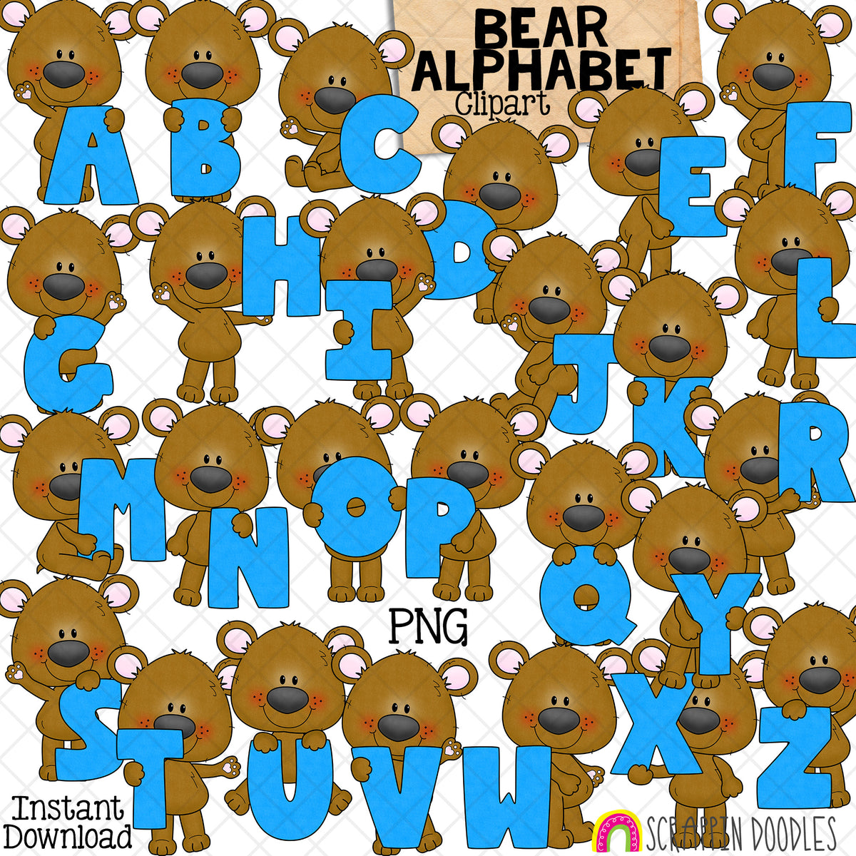 Bear Alphabet Clip Art - Holding Letters Clipart - Summer Titles - Seasonal Headers - Commercial Use PNG Sublimation
