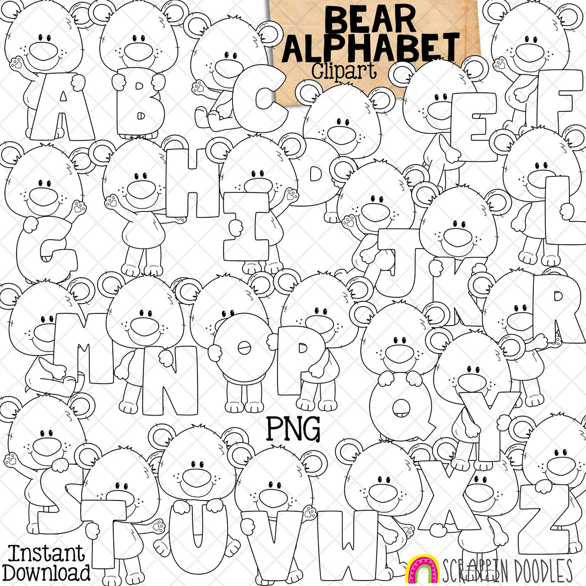 Bear Alphabet Clip Art - Holding Letters Clipart - Summer Titles - Seasonal Headers - Commercial Use PNG Sublimation