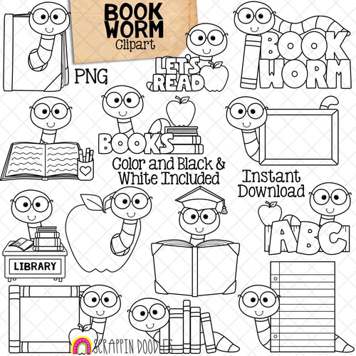 BookWorm ClipArt - Worms Reading Books - School Worms - Commercial Use PNG - Instant Download Sublimation Graphics