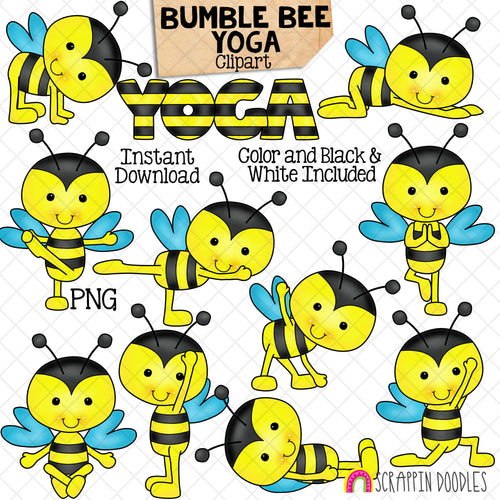 Bumble Bee Yoga Clip Art - Stretching Clipart - Worker Bees Doing Yoga Poses - Stretching - Commercial Use PNG Sublimation