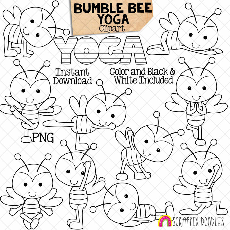 Bumble Bee Yoga Clip Art - Stretching Clipart - Worker Bees Doing Yoga Poses - Stretching - Commercial Use PNG Sublimation