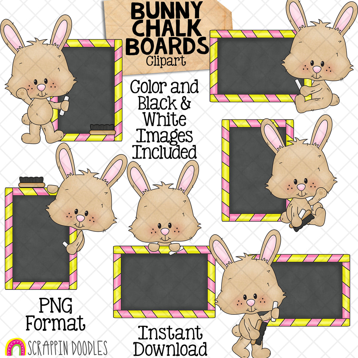 Bunny Clip Art - Rabbits Holding Chalk Boards - Note Boards - Baby Bunnies - Commercial Use - PNG