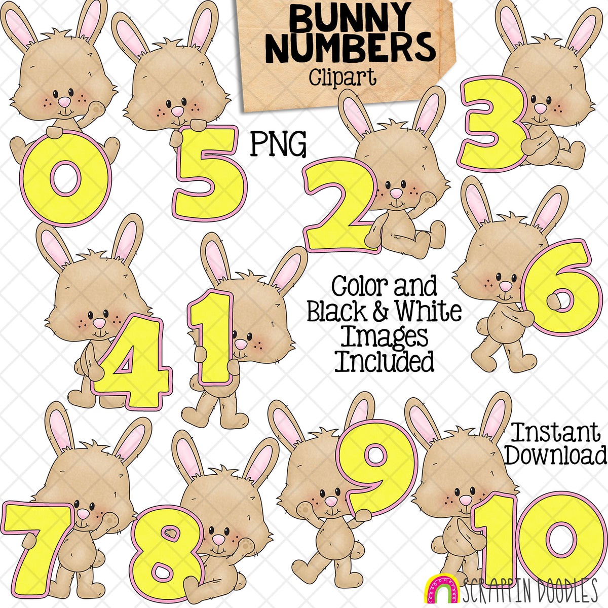 Bunny Number Clip Art - Rabbits Holding Numbers 0 to 10 - Number Bunnies - Commercial Use - PNG