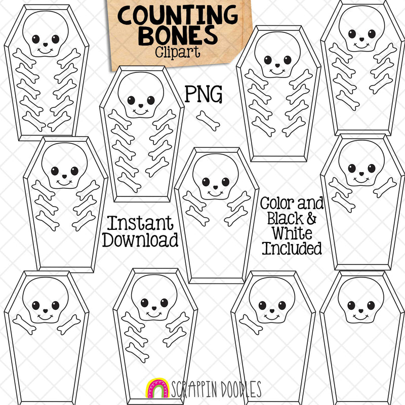 Counting Bones ClipArt - Halloween Skeleton Bones Counting - Seasonal Math Graphics - Commercial Use PNG