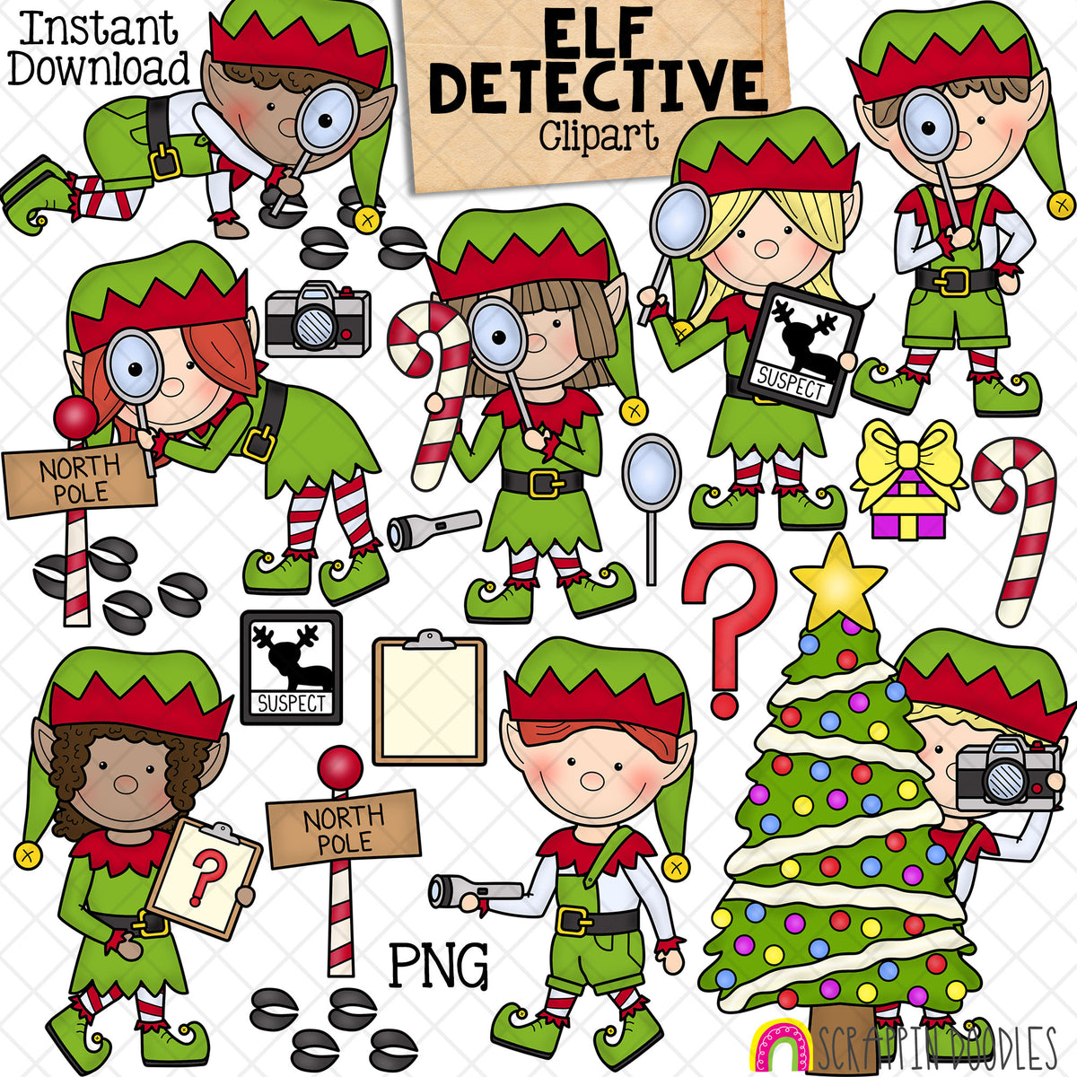 Elf Detectives - Scavenger Hunt - Christmas Elves - North Pole Spy - Instant Download - Hand Drawn - CU - Sublimation PNG