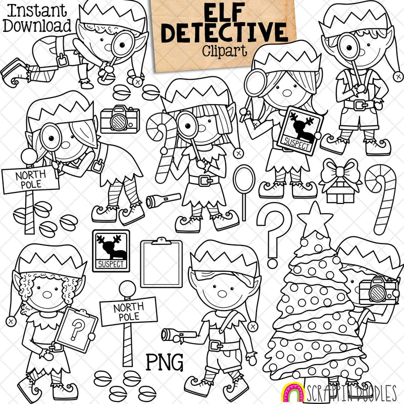 Elf Detectives - Scavenger Hunt - Christmas Elves - North Pole Spy - Instant Download - Hand Drawn - CU - Sublimation PNG