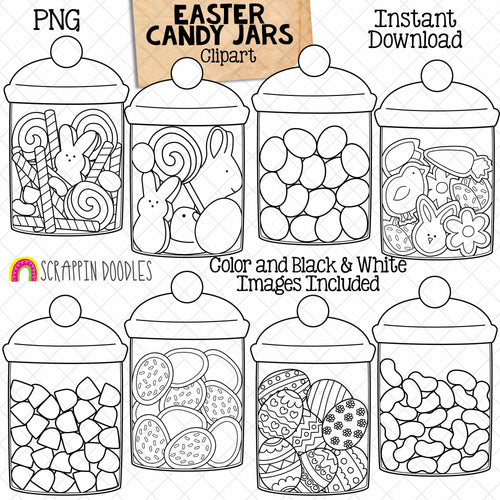 Easter Candy Jars ClipArt - Glass Jars full of Cookies - Jelly Beans - Gum Drops - Candy Sticks - Decorated Easter Eggs - CU PNG