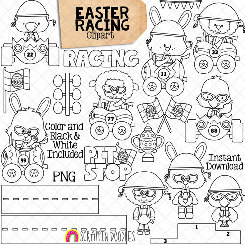 Easter Racing ClipArt - Car Racing - Bunny in Race Car - Motor Sports - Easter Chick - Sheep - Jelly Bean Car - Easter Egg Car - CU PNG