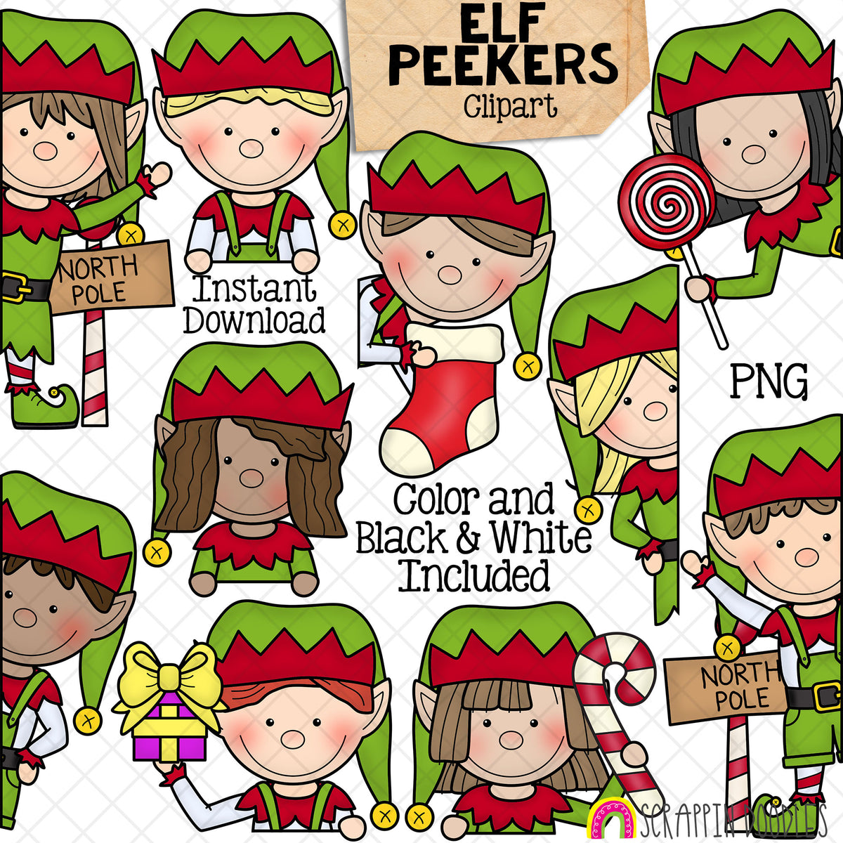 Elf Peekers - Christmas Elves - North Pole Toppers - Instant Download - Hand Drawn - CU - Sublimation PNG