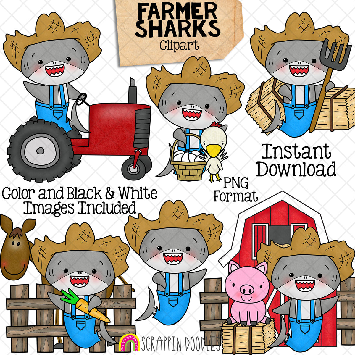 Farmer Sharks Clip Art - Grey Shark Clipart - Baby Shark - Commercial Use PNG Sublimation