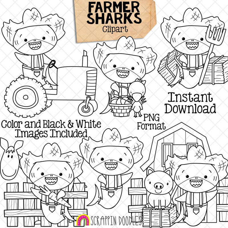 Farmer Sharks Clip Art - Grey Shark Clipart - Baby Shark - Commercial Use PNG Sublimation