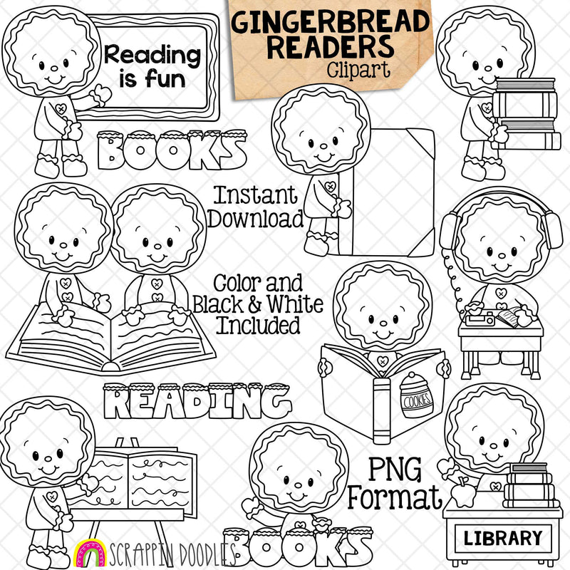 Gingerbread Reading ClipArt - Ginger Bread School - Cute Christmas Cookie Clip Art - Library Book Cookies - Commercial Use PNG Sublimation