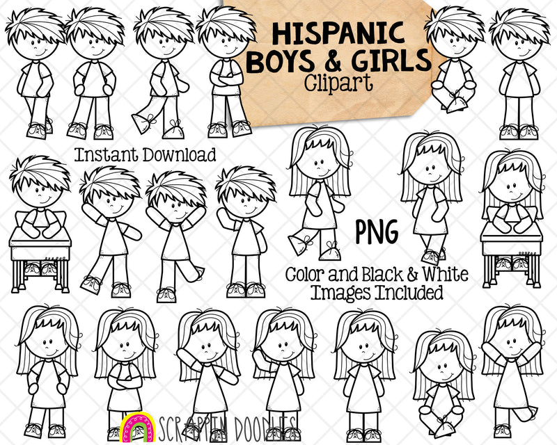 Hispanic Boys and Girls Kids ClipArt - Multi Cultural Children Posing Graphics - Commercial Use PNG
