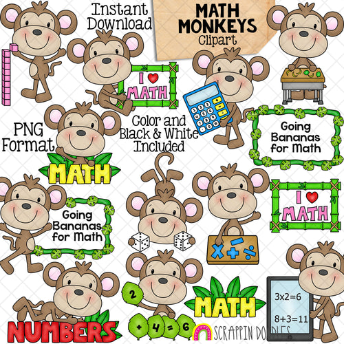 Monkey Clip Art - Monkeys Doing Math - Jungle Animals - School - Learning Math - Commercial Use PNG Sublimation