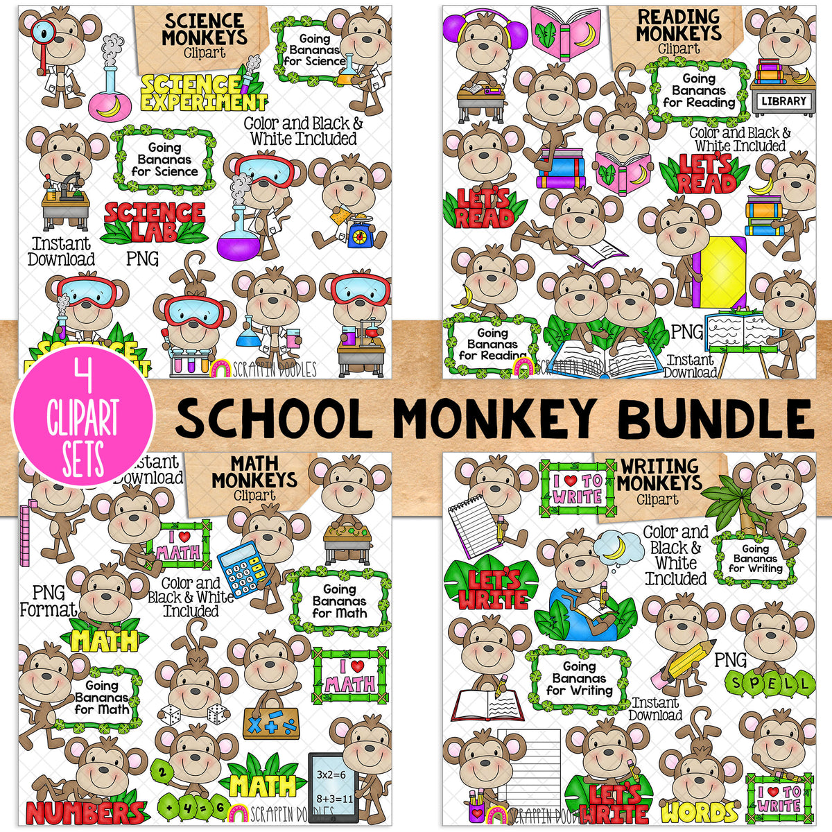 School Monkey ClipArt Bundle - Reading - Writing - Math - Science