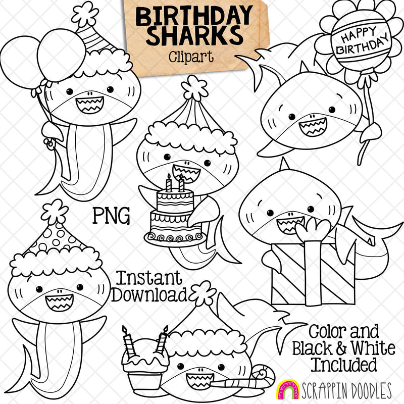 Birthday Sharks Clip Art - Grey Shark Clipart - Party - Cake - Presents - Celebrate - Baby Shark - Commercial Use PNG Sublimation