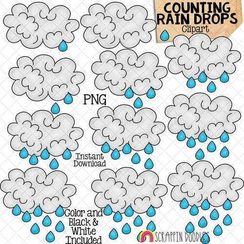 Counting Rain Drops From A Cloud ClipArt - Spring RainDrop Counting - Seasonal Math Graphics - Commercial Use PNG