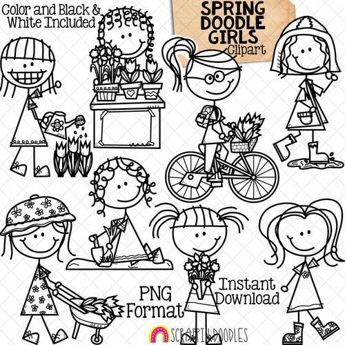 Spring Girls Clip Art - Doodle Kids Stick Figure Graphics - Gardening - Tulips - Daffodil - Rain Puddle - Commercial Use PNG