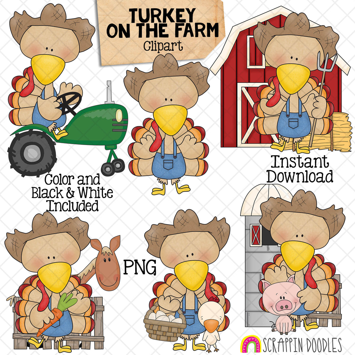 Turkey ClipArt - Farmer Turkeys Clip Art - Cute Turkeys on the Farm Graphics - Instant Download - Hand Drawn PNG