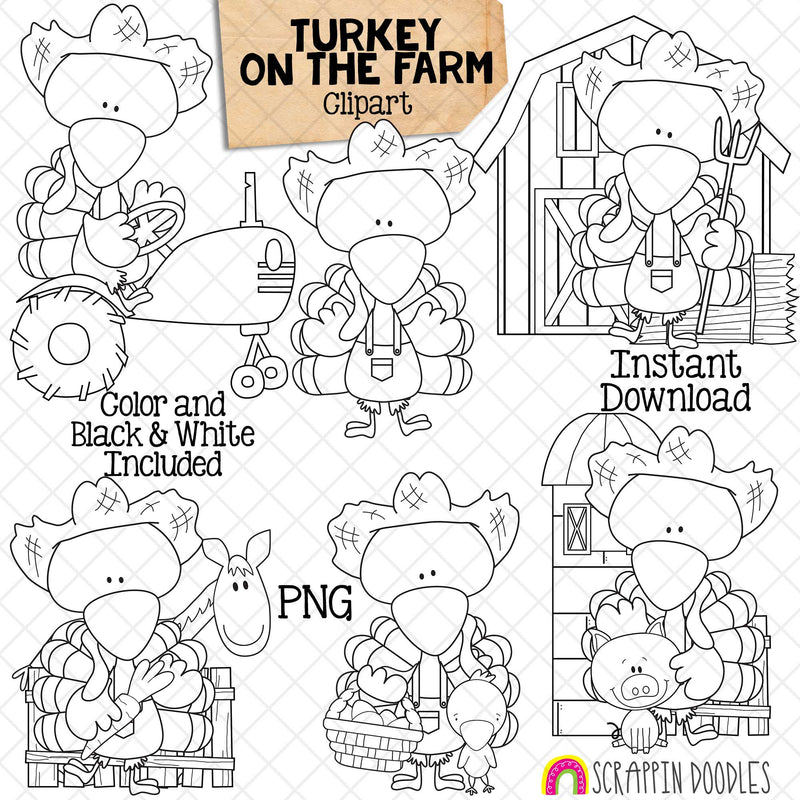 Turkey ClipArt - Farmer Turkeys Clip Art - Cute Turkeys on the Farm Graphics - Instant Download - Hand Drawn PNG