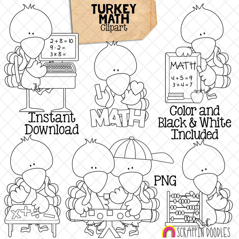 Turkey ClipArt - Math Turkeys Clip Art - Cute School Turkeys Graphics - Instant Download - Hand Drawn PNG
