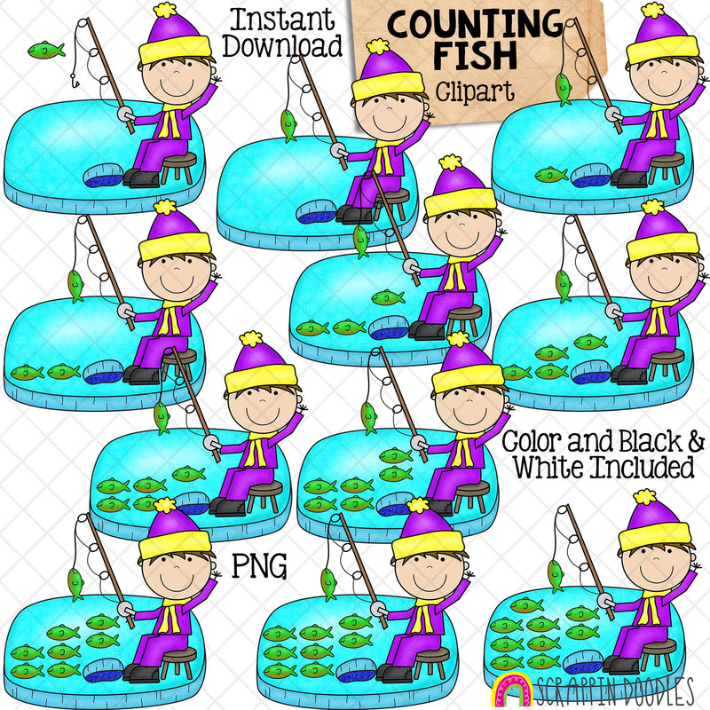 Counting Fish ClipArt - Winter Ice Fishing Counting - Seasonal Math Graphics - Commercial Use PNG