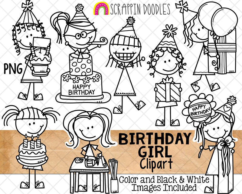 Birthday Clipart - Doodle Girls Birthday Clip Art - Birthday Party Cake - Balloons - Kids Birthday ClipArt - Hand Drawn PNG