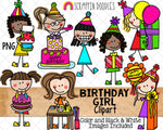 Birthday Clipart - Doodle Girls Birthday Clip Art - Birthday Party Cake - Balloons - Kids Birthday ClipArt - Hand Drawn PNG