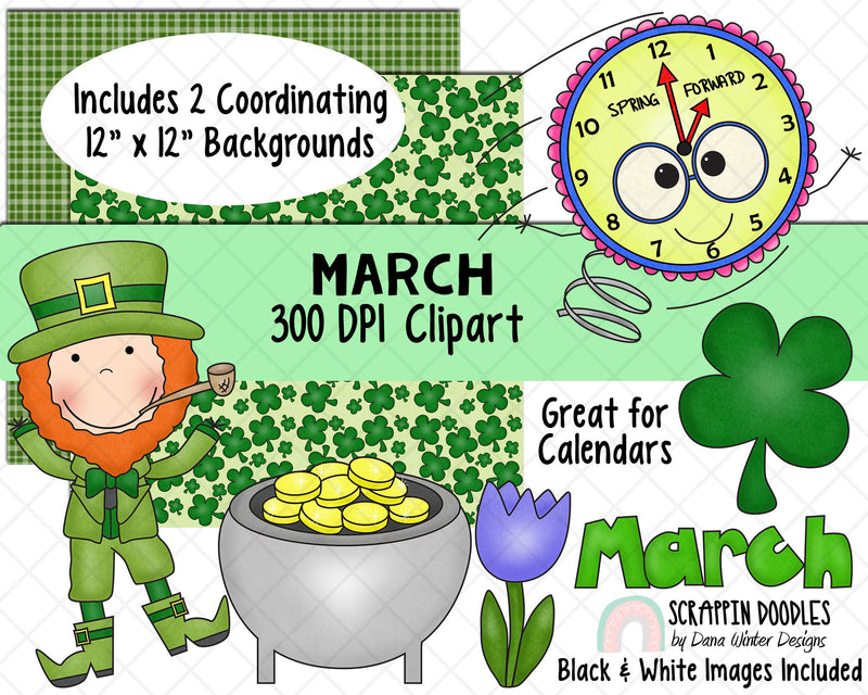 Calendar ClipArt - March Bulletin Board - March ClipArt - Holiday ClipArt - Digital Stickers - St Patricks Day ClipArt - Spring Foward Clock
