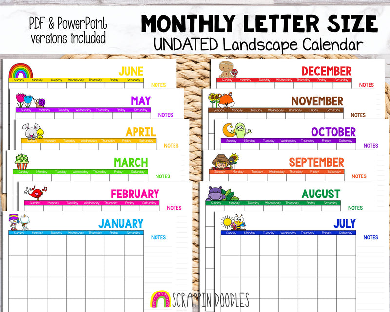 UNDATED Landscape Calendar - Printable and Digital Monthly Calendar - Letter Size - Power Point and PDF format - Cute Animal Calendar