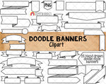 Doodle Banners ClipArt - Hand Doodled Ribbon Banner - Black & White Banner Graphics - Commercial Use PNG