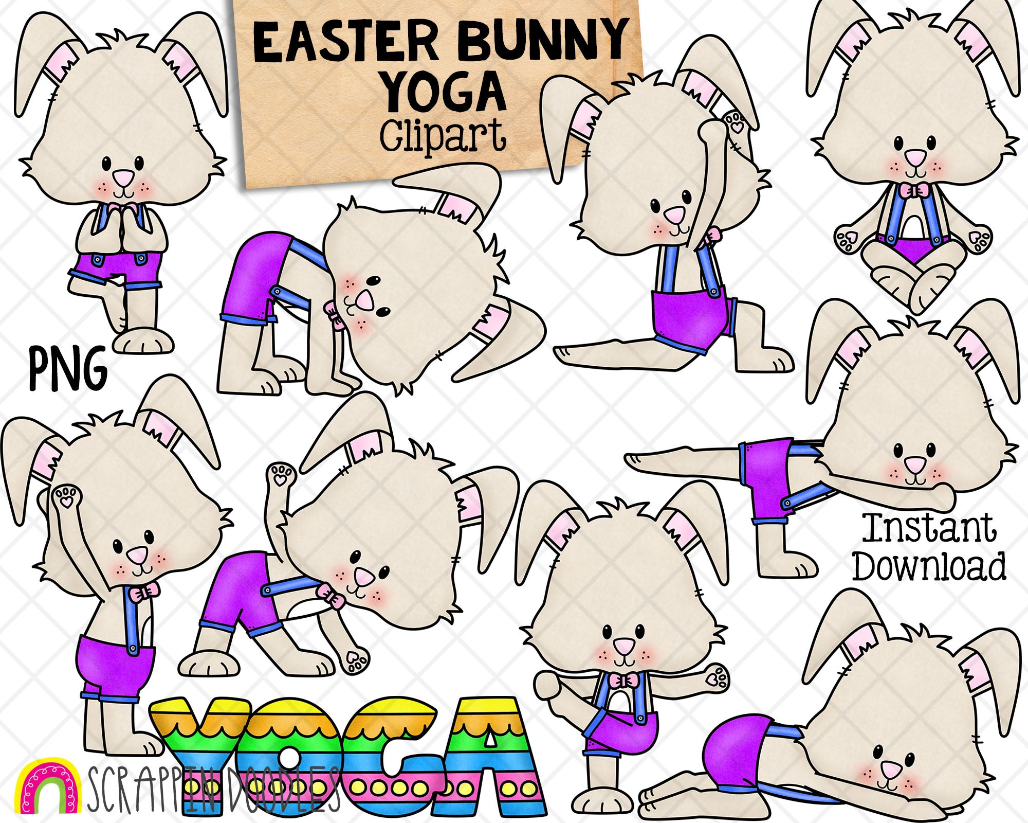 Easter Bunny Yoga Clip Art - Easter Stretching Clipart - Yoga