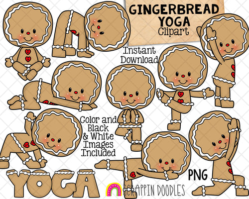 Gingerbread Yoga Clip Art - Christmas Cookie Stretching Clipart - Yoga Poses - Commercial Use PNG Sublimation