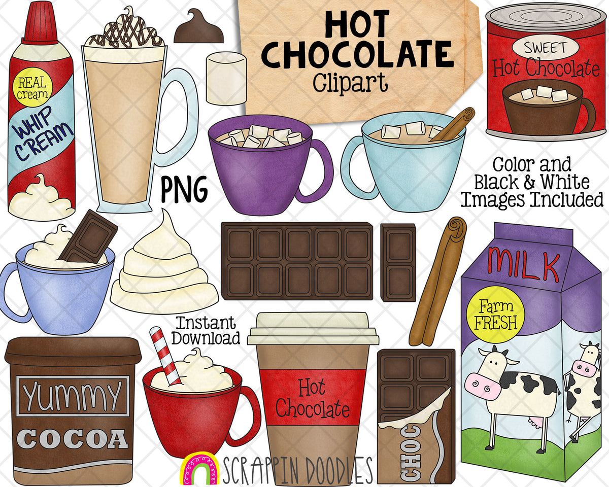 Hot Chocolate ClipArt - Cocoa Clip Art - Whip Cream - Chocolate Bar - Milk Carton - Commercial Use PNG Sublimation