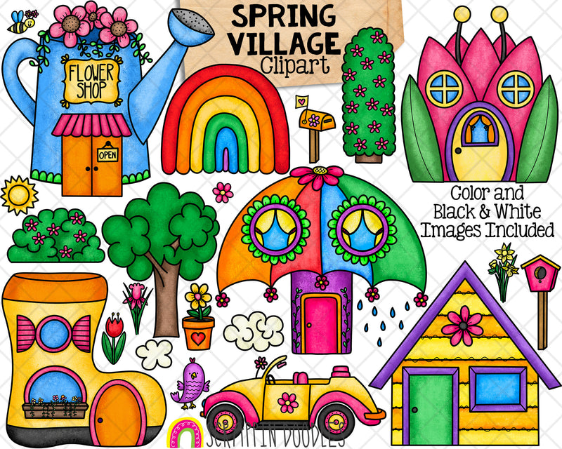 Spring Village ClipArt - Flower Shop Tulip House - Whimsical Umbrella House - Commercial Use PNG