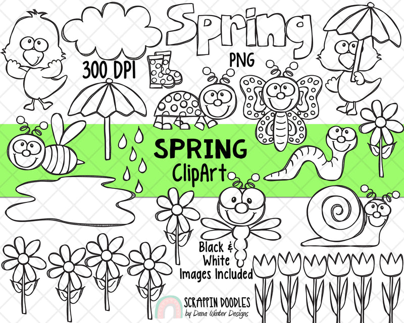 Spring ClipArt - Spring BUNDLE - Garden ClipArt - Spring Flowers - Hand Drawn Clipart - Weather ClipArt - Tulips - Cute Bug ClipArt - Frames
