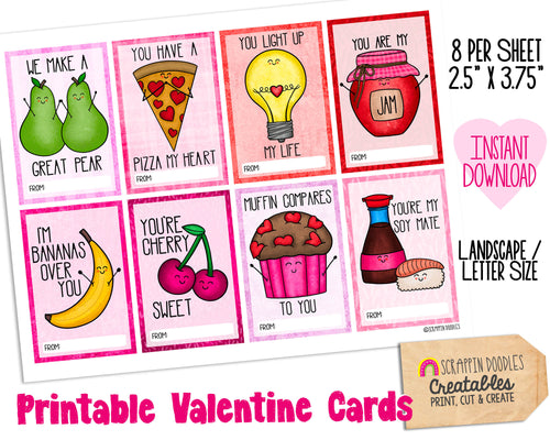 Printable Valentine Cards - Kids Valentines Day Food Puns Gift Cards - Classroom Valentine Paper Craft - PDF