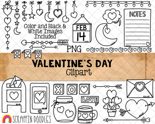 Valentine's Day Doodle Clip Art - Valentine Bullet Journal - Commercial Use Valentine Clipart - Valentine Digital Planner Stickers
