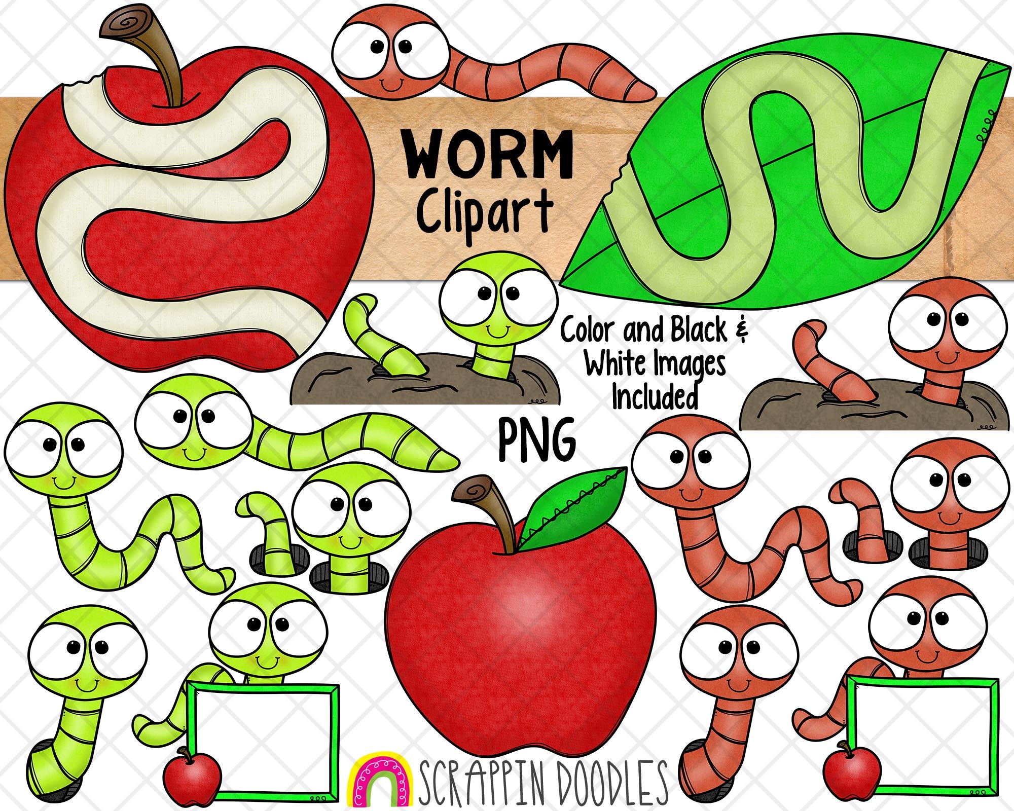 Worm ClipArt - Earth Worms - Apple Worms - Commercial Use PNG – Scrappin  Doodles