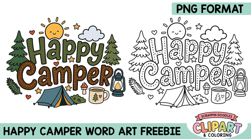 FREE Happy Camper Word Art PNG (Color & Black & White)