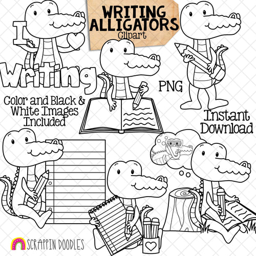 Alligator ClipArt - Alligators Writing Graphics - Spelling - Author - School - Commercial Use PNG Sublimation