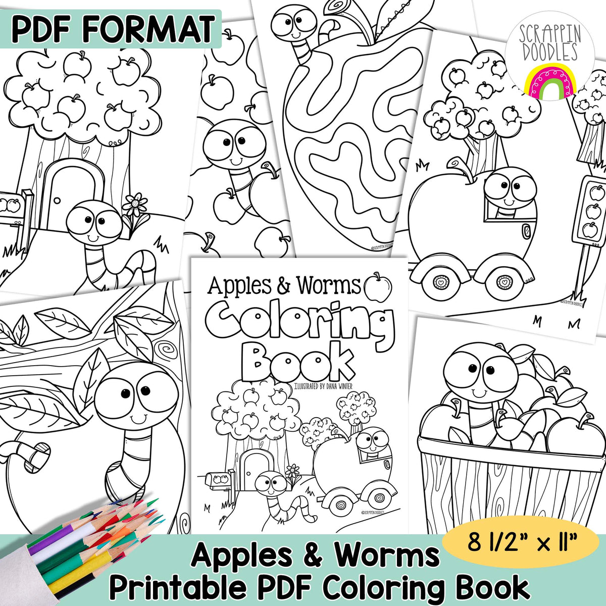 Apples and Worms Coloring Book - Adult and Kids Coloring Pages - Printable PDF