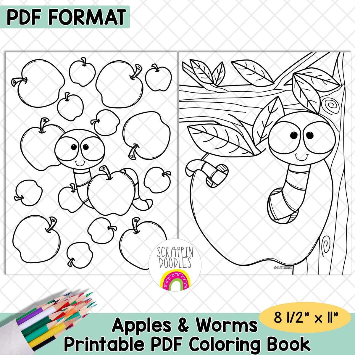 Apples and Worms Coloring Book - Adult and Kids Coloring Pages - Printable PDF
