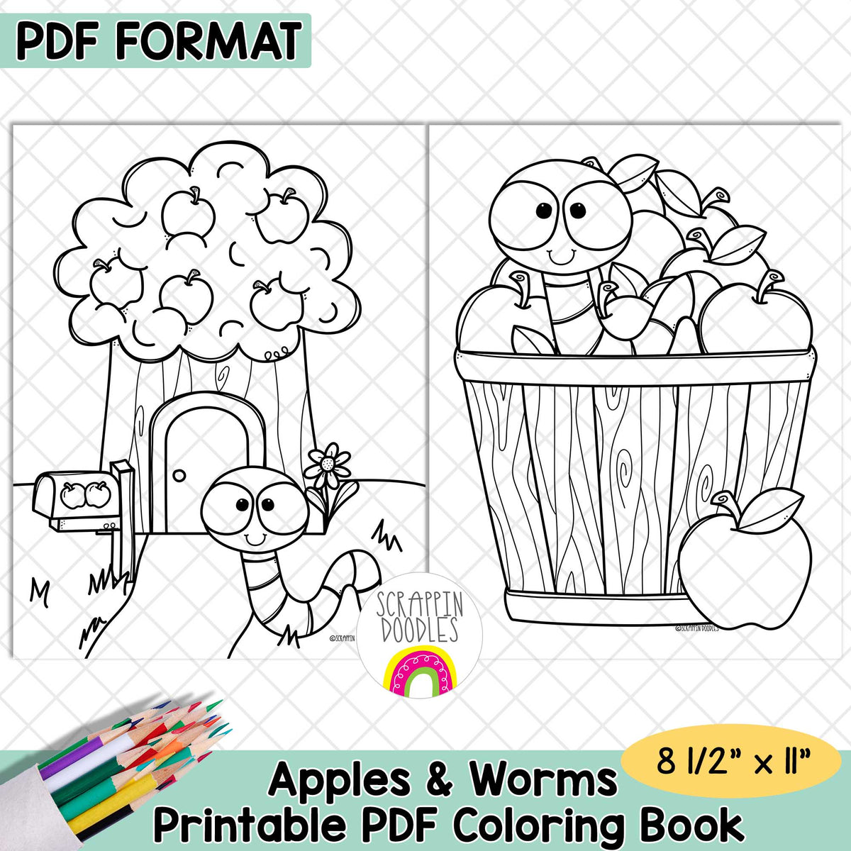 Apples and Worms Coloring Book - Adult and Kids Coloring Pages - Printable PDF