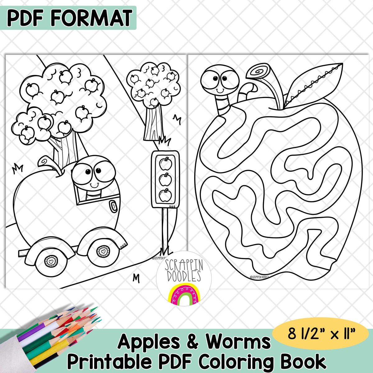 Apples and Worms Coloring Book - Adult and Kids Coloring Pages - Printable PDF