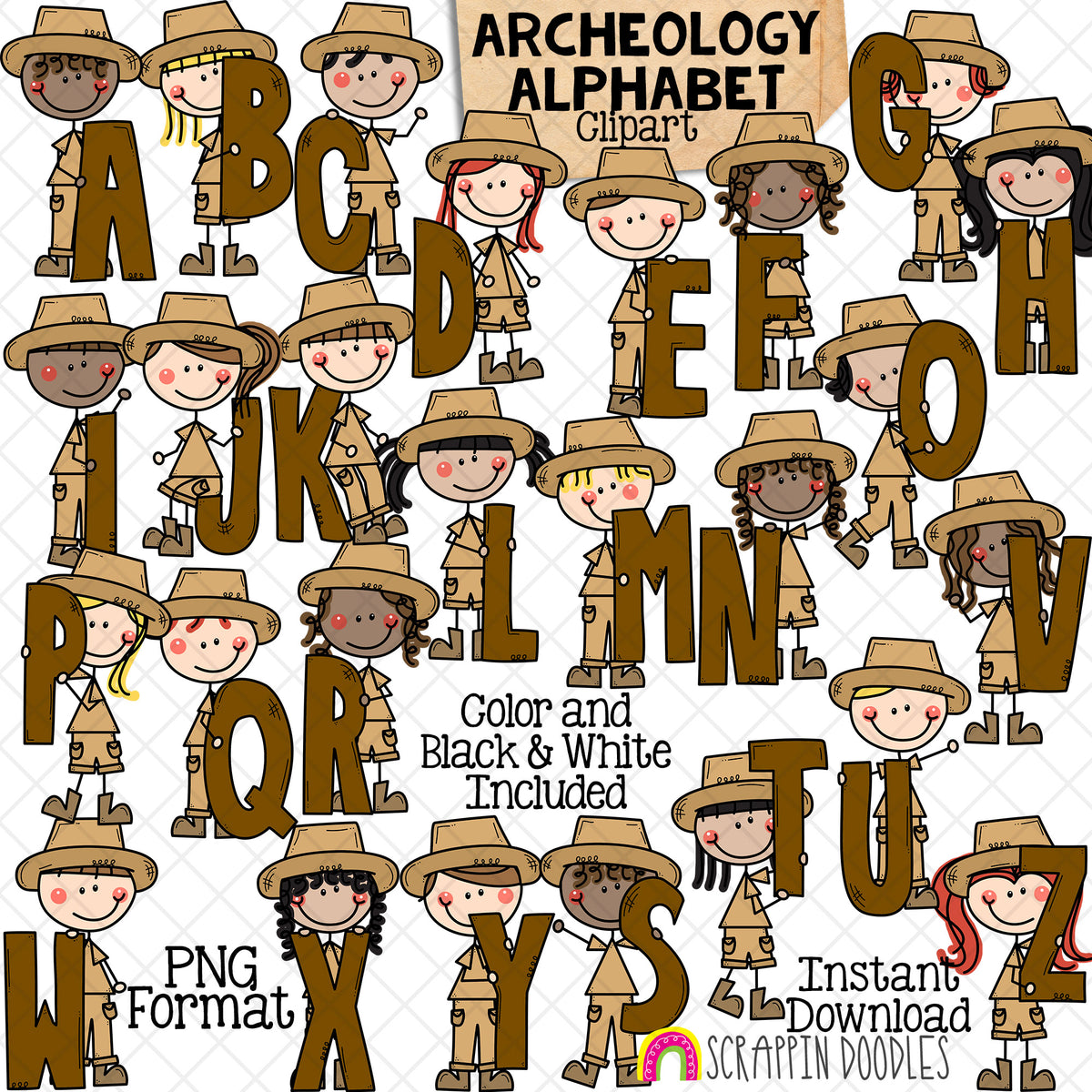 Archeology Alphabet ClipArt - Archeologist - Artifact - Dig Site - Fossil - Ancient Ruins - Treasure Hunt - Doodle Boys -Girls - Commercial Use PNG