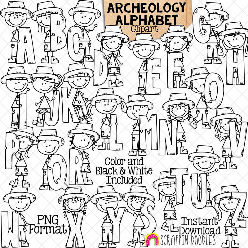 Archeology Alphabet ClipArt - Archeologist - Artifact - Dig Site - Fossil - Ancient Ruins - Treasure Hunt - Doodle Boys -Girls - Commercial Use PNG