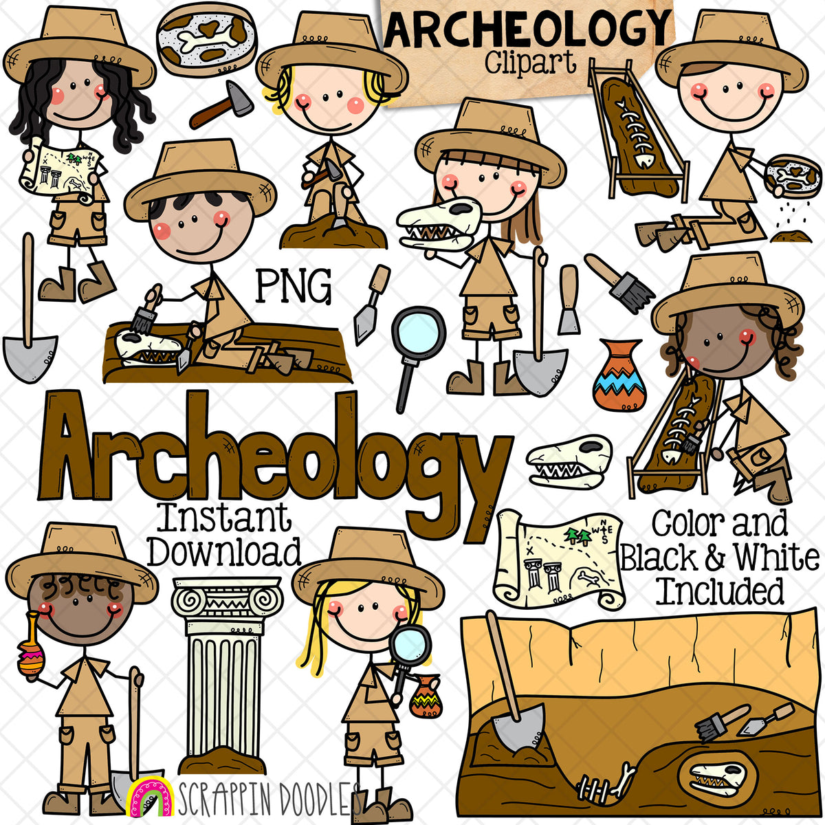 Archeology ClipArt - Archeologist - Artifact - Dig Site - Fossil - Ancient Ruins - Treasure Hunt - Doodle Boys -Girls - Commercial Use PNG