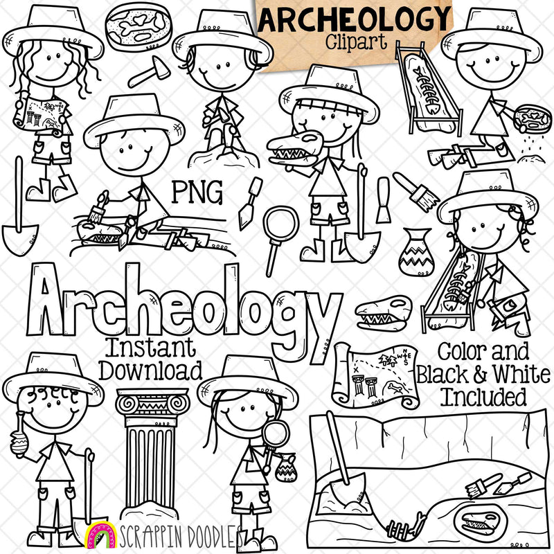 Archeology ClipArt - Archeologist - Artifact - Dig Site - Fossil - Ancient Ruins - Treasure Hunt - Doodle Boys -Girls - Commercial Use PNG